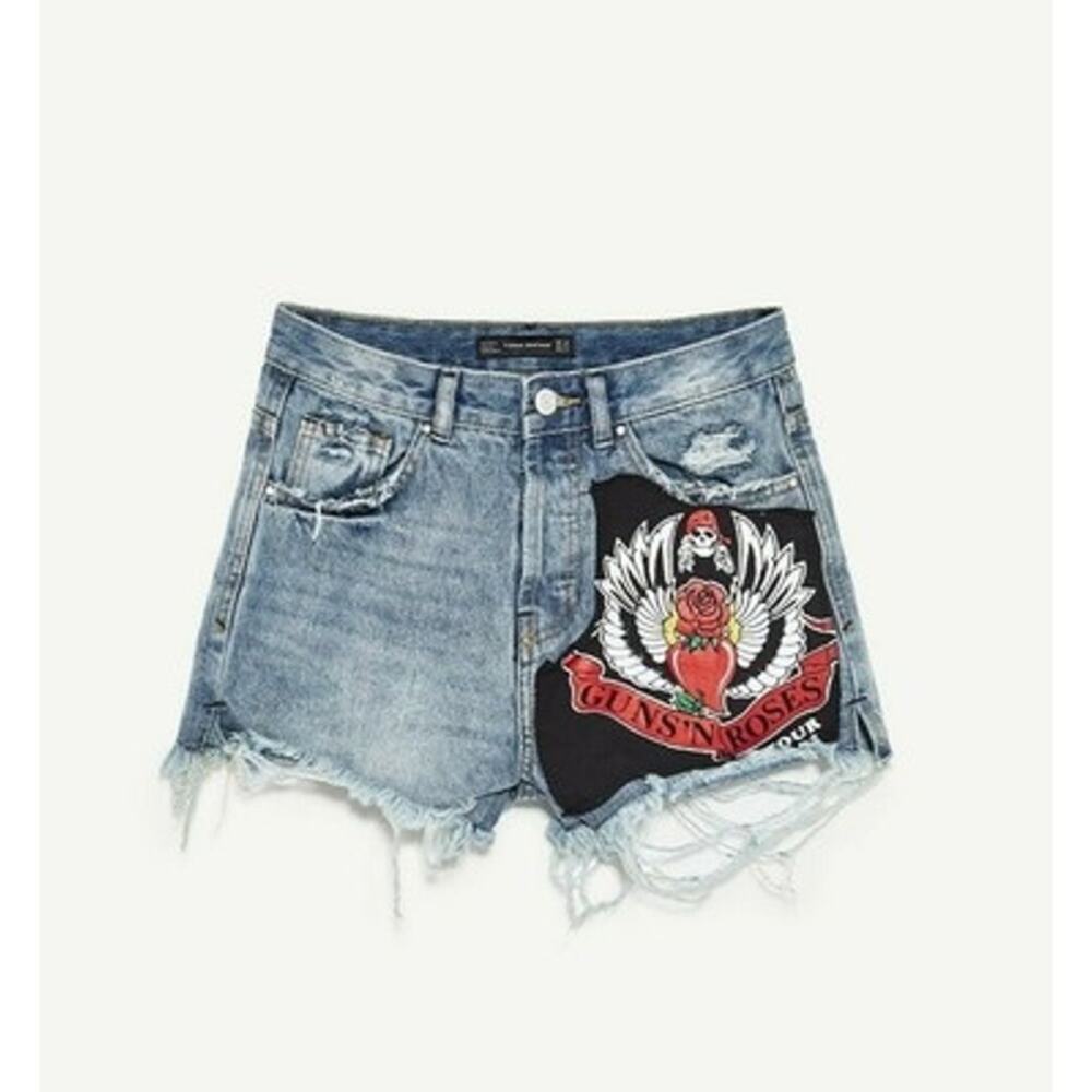 Zara Guns N Roses Hi Rise Distressed Frayed Hem Denim Jean Shorts Size 2